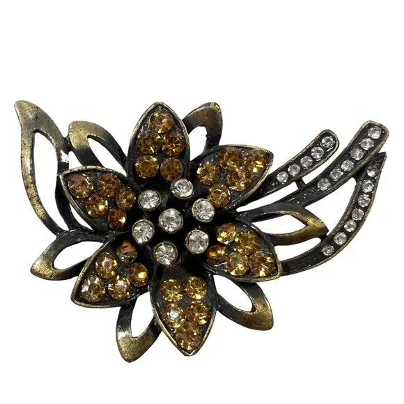 Vtg Antique Bronze Floral Amber Clear Rhinestone Clip-On Dress